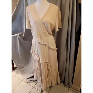 Lulu's Maxi Dress Faux Wrap Swiss Dots Beige Ruffles Sz XL Sheer Slit Sleeves...